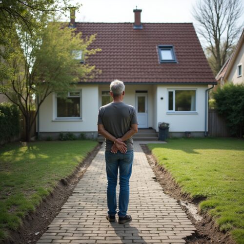 Hausbesitzer vor beschädigtem Haus mit Rissen und absackendem Boden