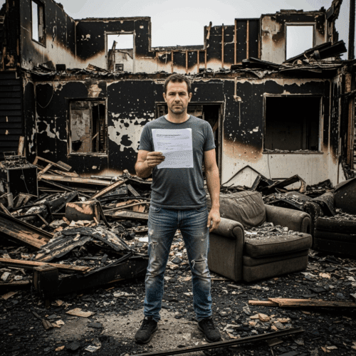 Mann steht vor verbrannter Hausruine und liest entsetzt ein Versicherungsschreiben