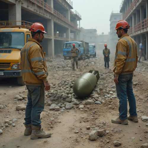 Zwei Bauarbeiter entdecken eine rostige Bombe auf einer Baustelle vor einem Krankenhaus